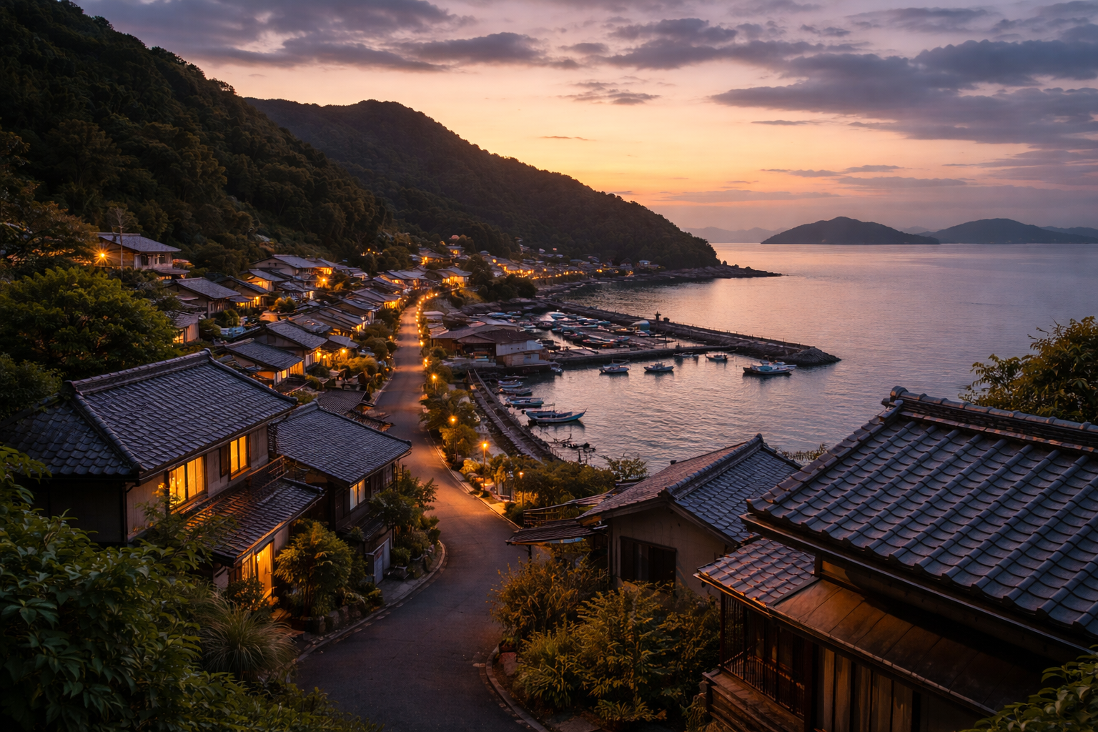 Coastal Japanese fishing village at sunset